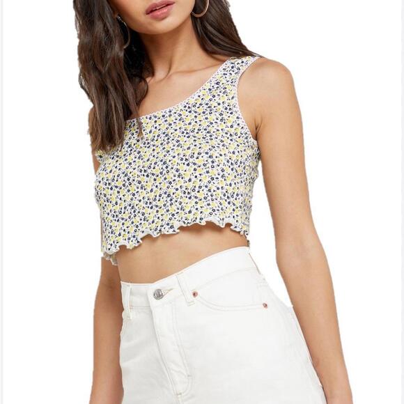 Topshop Cropped Lettuce Hem Ditsy Floral Print Tank Top - Picture 1 of 6